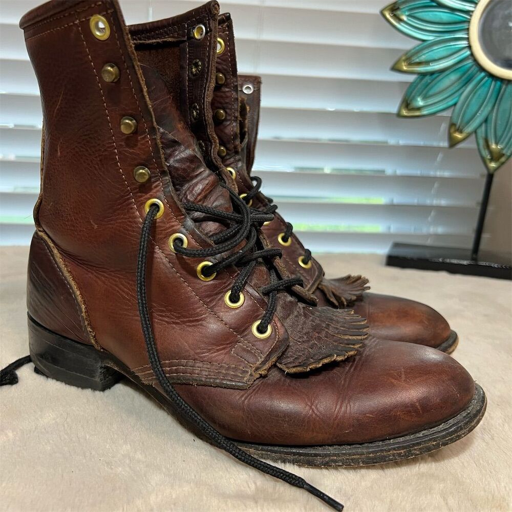 Santa Fe Boot Company Women's 9 Brown Leather Lace-Up Western Boots Vintage